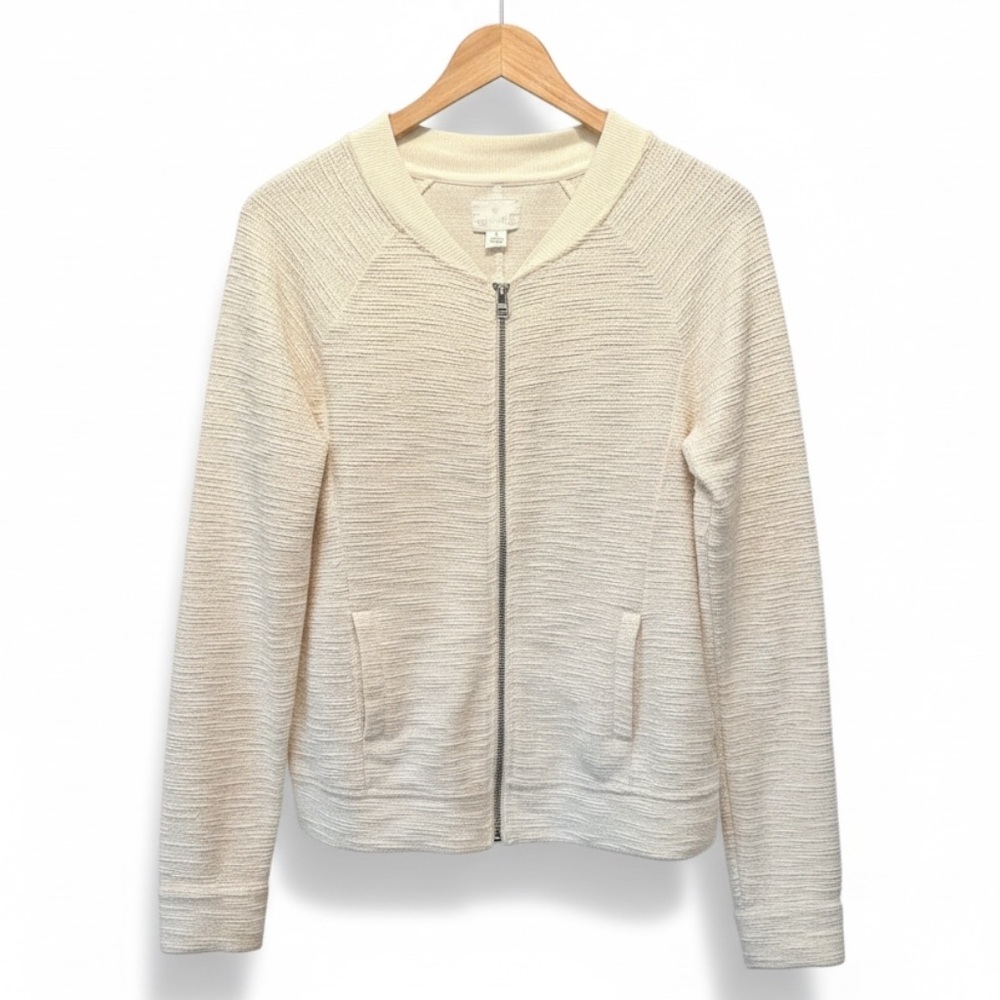 Nordstrom Caslon Women's Cream/Ivory Textured Bomber Jacket Sweater Top Size Sm